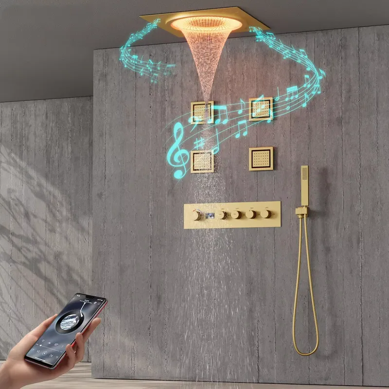 Home Bathroom Spa - ชุดฝักบัว LED อัจฉริยะ พร้อมระบบเสียงเพลงในห้องน้ำ ฝักบัวแบบฝังผนัง สีดำด้าน
