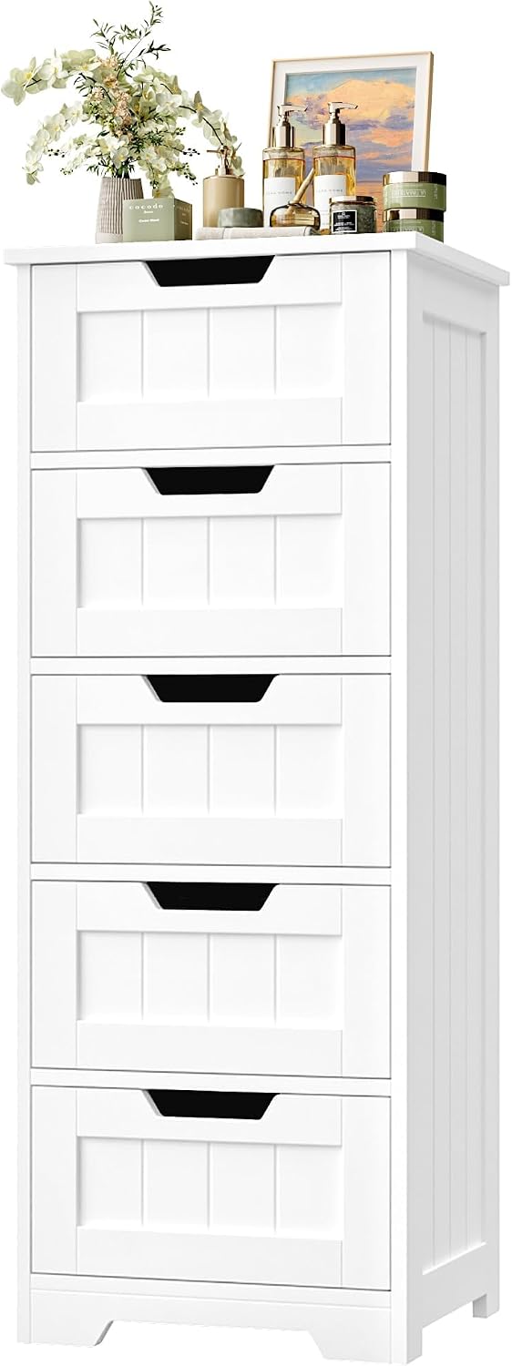 Home Bathroom Cabinets - ตู้เก็บของในห้องน้ำแบบตั้งพื้น, ตู้เก็บของไม้แบบมีลิ้นชัก 5 ชั้น, เฟอร์นิเจอร์ประหยัดพื้นที่สำหรับห้องนั่งเล่นและทางเดิน, ตู้เก็บของสไตล์โมเดิร์นสีขาวสำหรับบ้าน