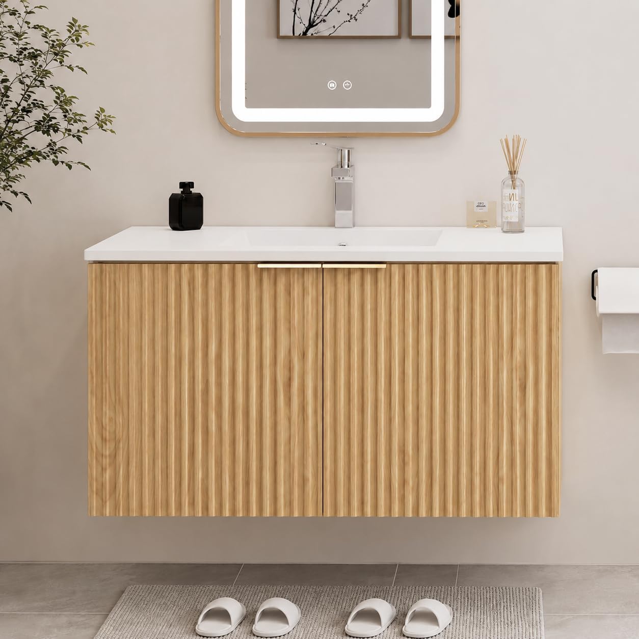 Home Bathroom Cabinets - ตู้ห้องน้ำแบบลอยตัวทันสมัยพร้อมบานประตูลายคลื่น ตู้เก็บของติดผนัง บานพับปิดแบบนุ่มนวล อ่างเซรามิก พร้อมที่จัดเก็บ สำหรับห้องน้ำในบ้าน