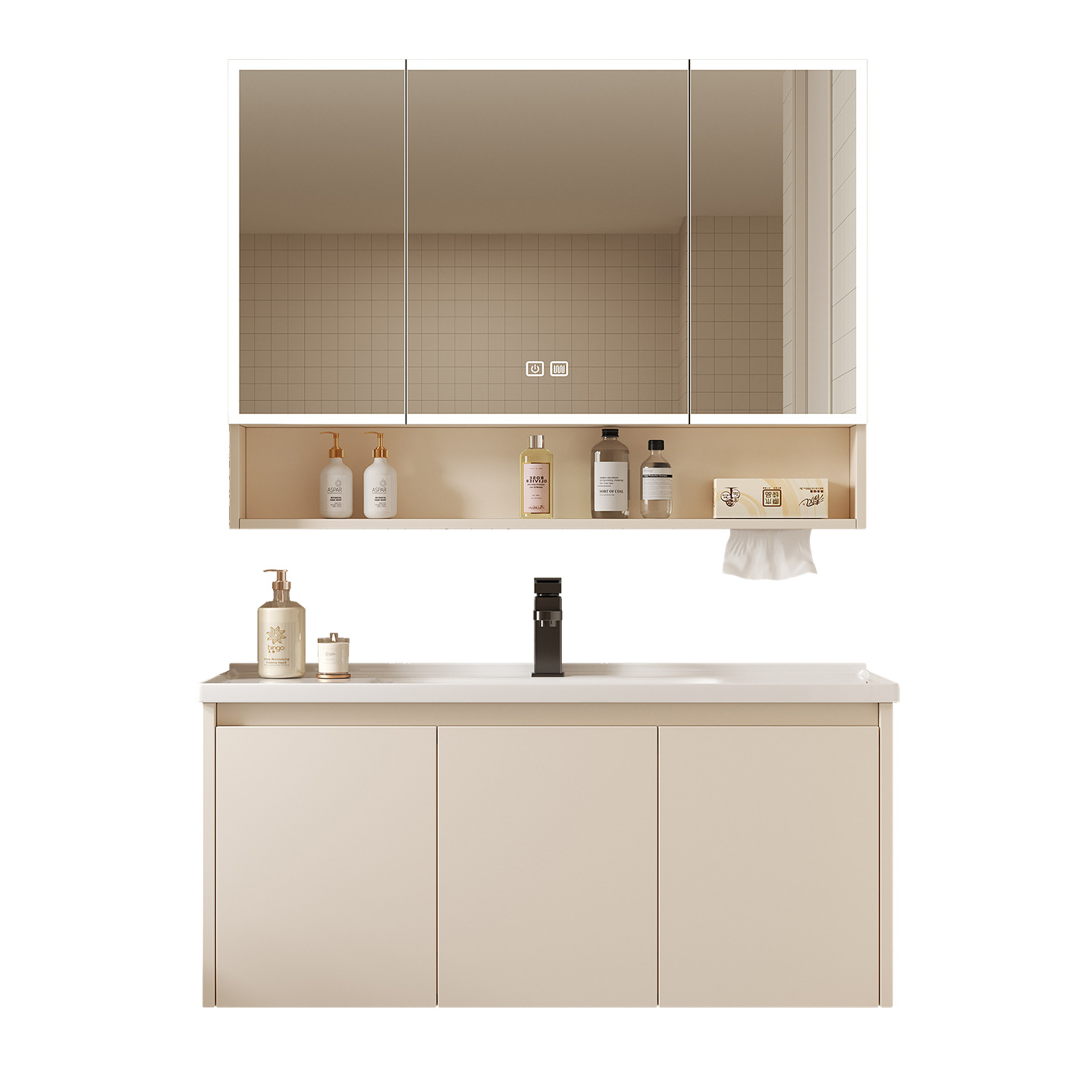 Home Bathroom Mirror - ตู้กระจกอัจฉริยะสำหรับห้องน้ำ วัสดุอะลูมิเนียม ติดผนังแบบแยกส่วน พร้อมชั้นวางของและที่ใส่กระดาษทิชชู่ ยี่ห้อ Kong