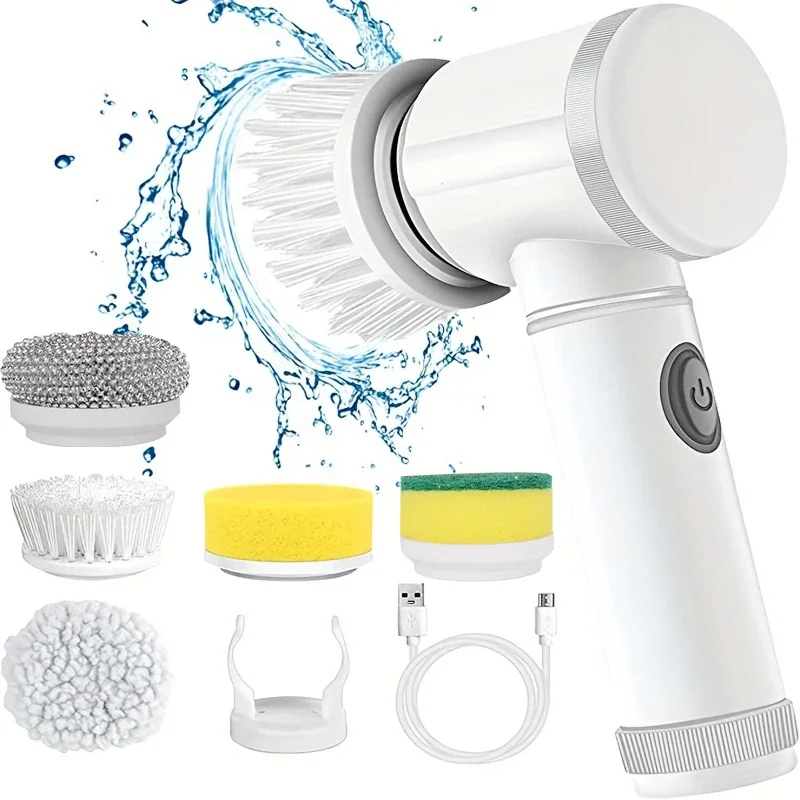 Home Bathroom Cleaning Machine - เครื่องขัดพื้นแบบหมุนไฟฟ้าไร้สายพร้อมหัวแปรงถอดเปลี่ยนได้ 5 หัว แปรงทําความสะอาดห้องน้ําและกระเบื้องห้องครัวแบบชาร์จไฟได้