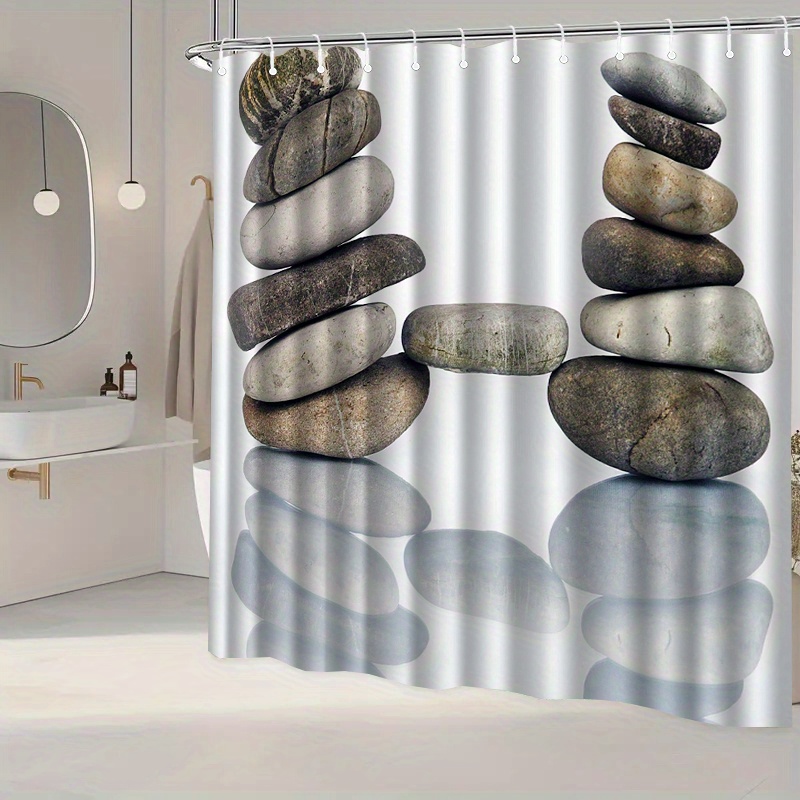 Home Bathroom Spa - ม่านอาบน้ำลายหินเซน สีเทา ลายกรวดสมดุล กันน้ำ ตกแต่งห้องน้ำสปาสำหรับบ้าน