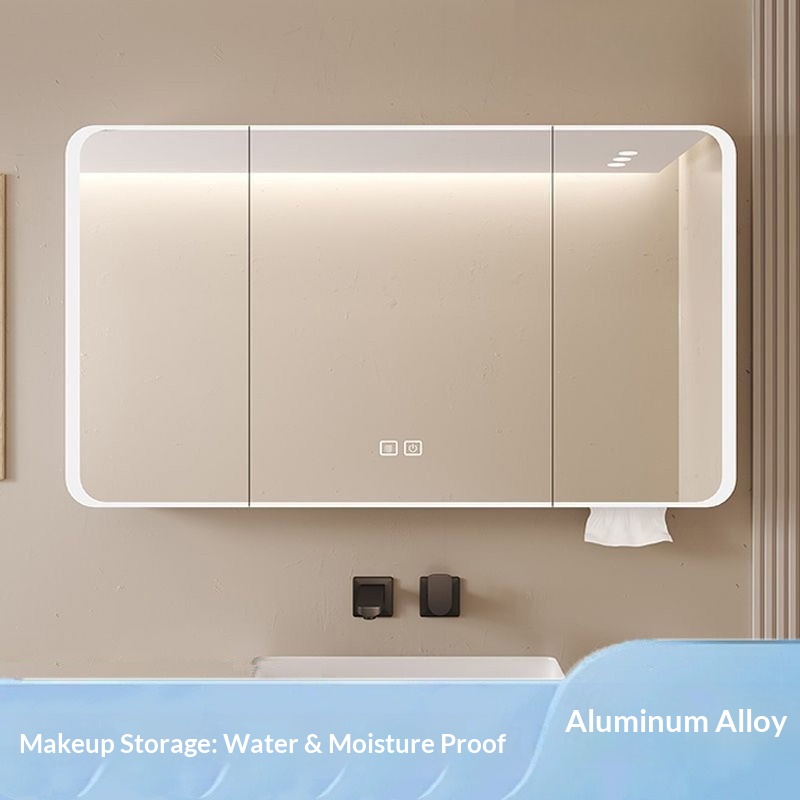 Home Bathroom Mirror - ตู้กระจกห้องน้ำ LED อัจฉริยะติดผนัง ป้องกันฝ้า พร้อมที่เก็บของสำหรับแต่งหน้า ทำจากอะลูมิเนียมเกรดอากาศยาน