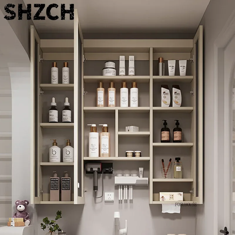 Home Bathroom Mirror - กระจกห้องน้ำแบบหนาทันสมัยพร้อมตู้เก็บของอัจฉริยะในตัว ดีไซน์โต๊ะเครื่องแป้งไม้สุดหรู สะดวกสบายสำหรับใช้ในบ้าน