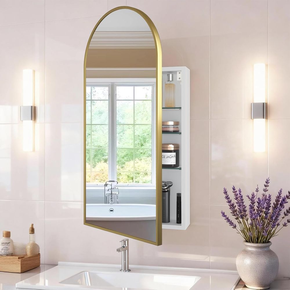 Home Bathroom Mirror - ตู้ยาในห้องน้ำทรงโค้งสีทองสุดหรูพร้อมกระจก เหมาะสำหรับช่าง DIY กระจกห้องน้ำพร้อมที่เก็บของ ตู้ยาแบบมีกระจก
