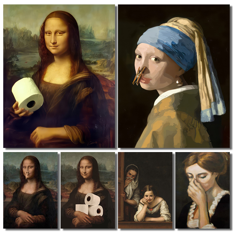 Home Bathroom Wall Art - ภาพตกแต่งห้องน้ำลายกราฟิกแนวตลก 1 ชิ้น ภาพโปสเตอร์สาวโมนาลิซาประดับไข่มุก สำหรับตกแต่งห้องนั่งเล่น ไม่มีกรอบ