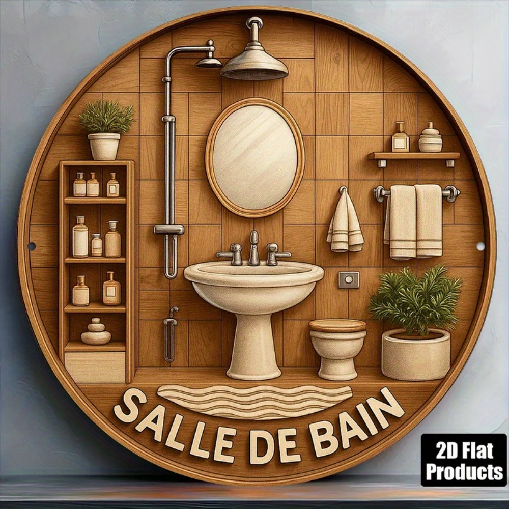 Home Bathroom Wall Art - CIFBUY ห้องน้ำสไตล์ฝรั่งเศสย้อนยุค ทรงกลม 8x8 นิ้ว ศิลปะติดผนังอะลูมิเนียม