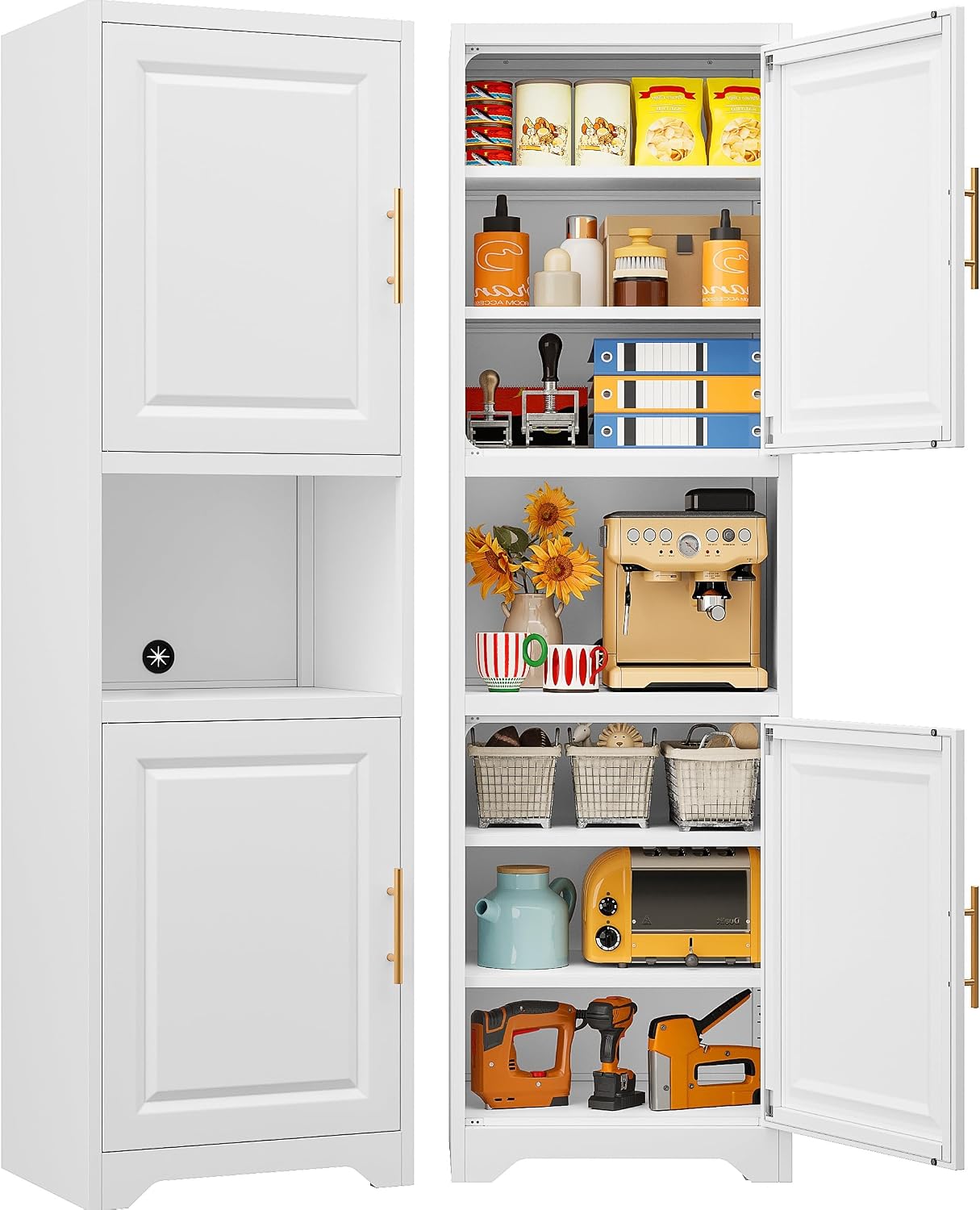 Home Bathroom Cabinets - ตู้เก็บของทรงสูง 67 นิ้ว แบบแคบ มีสองบานประตูและเจ็ดชั้นวาง ตู้เก็บของในครัวทรงเพรียวบาง