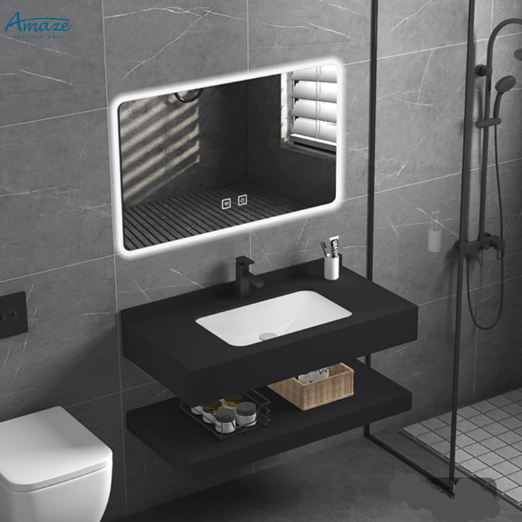 Home Bathroom Cabinets - ตู้ห้องน้ำแบบแขวนผนังสองชั้น ทนทาน พร้อมอ่างล้างมือบนเคาน์เตอร์ หินเผาคาลาเคาตต้า W