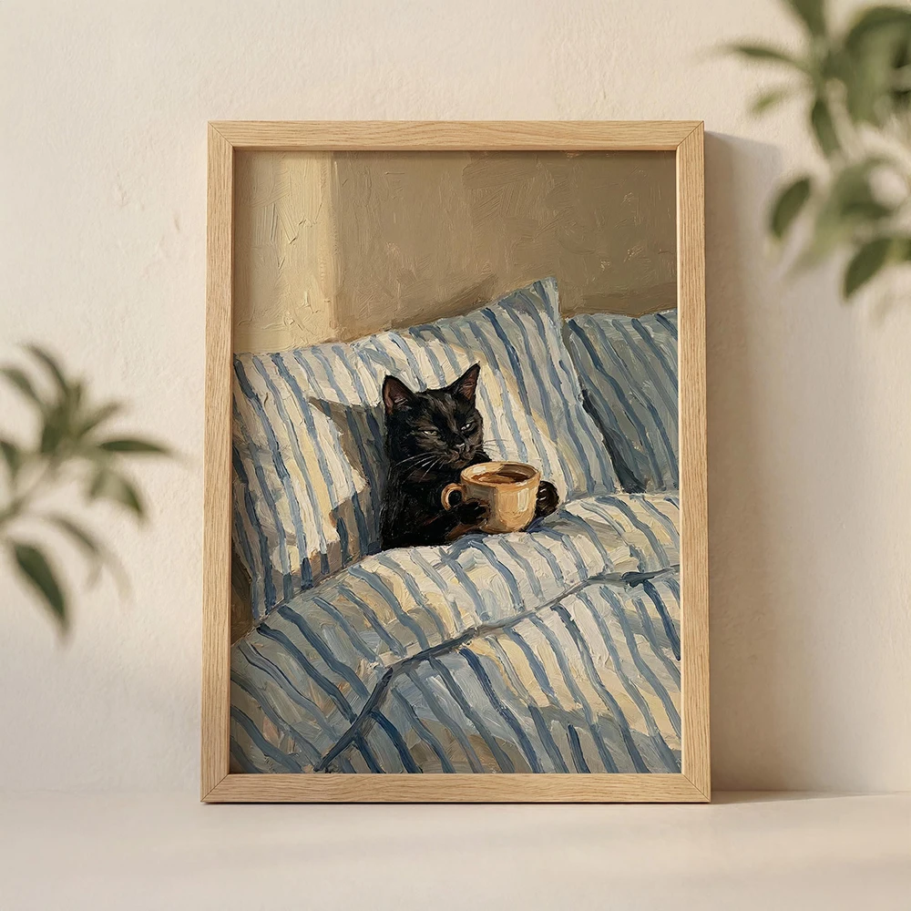 Home Bathroom Wall Art - ภาพพิมพ์กราฟฟิตี้แมวดำ ศิลปะสตรีทอาร์ต แมวน่ารักกำลังนอนดื่มไวน์ โปสเตอร์ผ้าแคนวาส ตกแต่งผนังบ้าน ห้องน้ำ