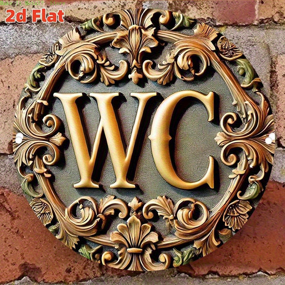 Home Bathroom Wall Art - ป้ายห้องน้ำทรงกลมแบบแบน 2 มิติ ลายบาร็อค 