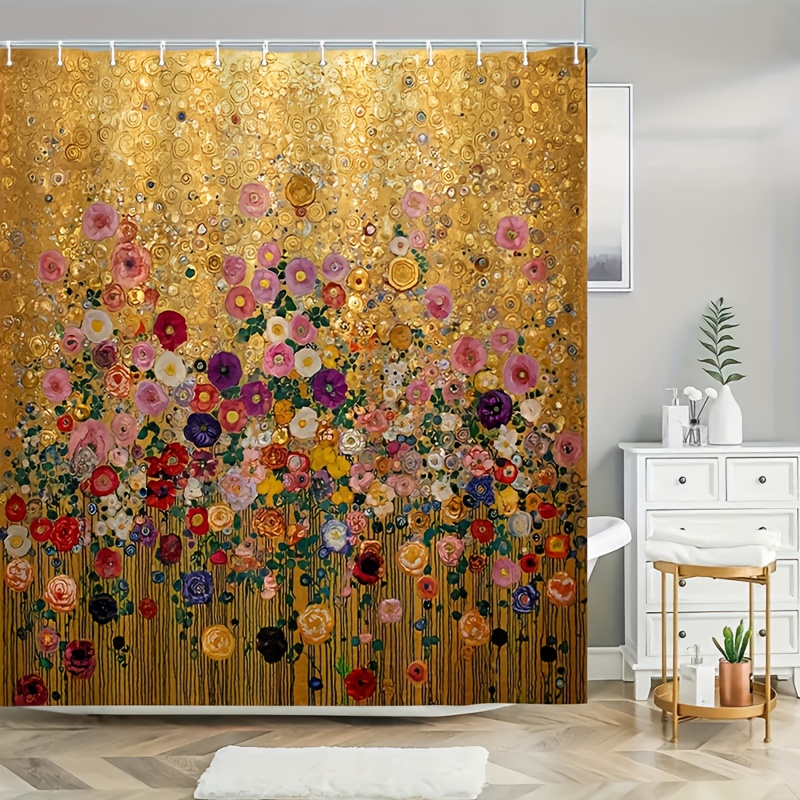 Home Bathroom Spa - ม่านอาบน้ำพิมพ์ลายดอกไม้สีทองหรูหรา ผ้าโพลีเอสเตอร์กันน้ำ ตกแต่งห้องน้ำ ลายดอกไม้เขตร้อน สำหรับตกแต่งบ้าน สปา