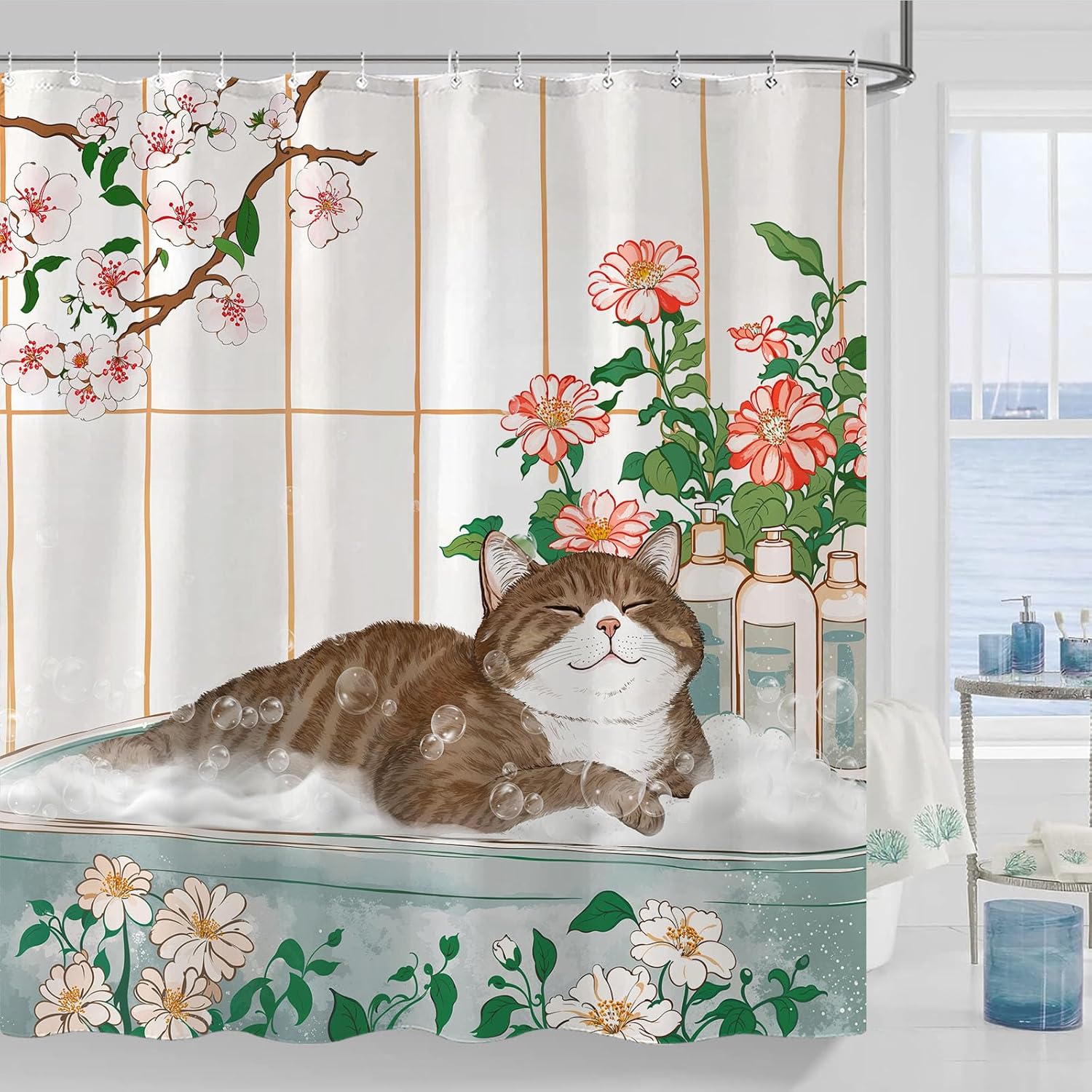 Home Bathroom Spa Ideas - ม่านอาบน้ำลายดอกไม้สไตล์แมวน่ารัก ตกแต่งห้องน้ำ สวยงามแบบสีน้ำ สำหรับฤดูใบไม้ผลิ ใช้ในสปา หรือตกแต่งบ้าน